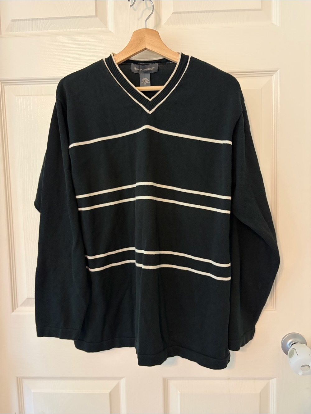 Banana Republic Men's Black V-Neck Sweater with White Stripes XL